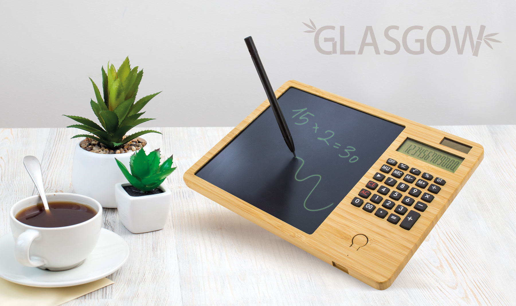 CALCULADORA BAMBU CON PIZARRA AUTOMATICA "GLASGOW"