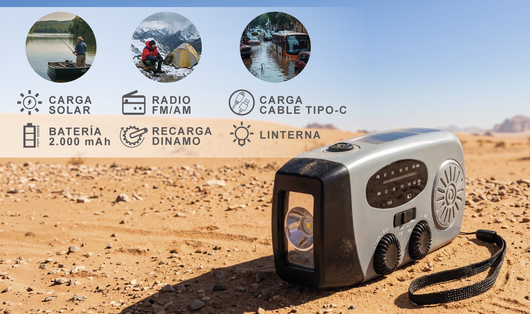 RADIO CON LINTERNA DINAMO Y CARGA SOLAR "YUCÓN"